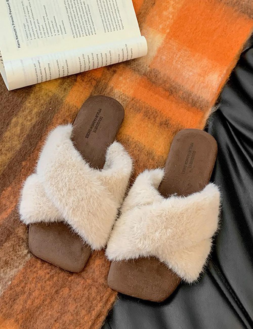 Square-Toe Cross-Strap Fuzzy Slippers DP25G467
