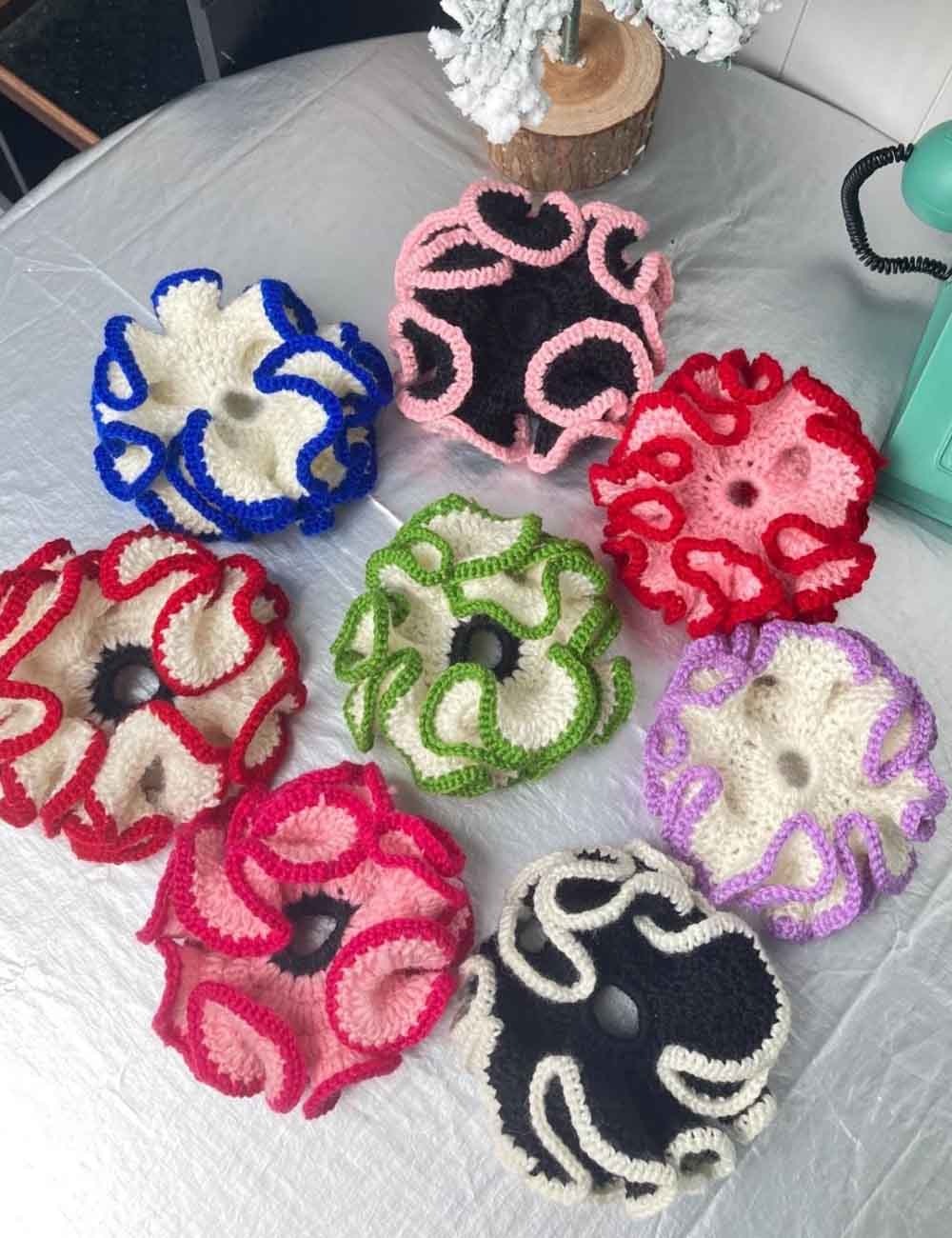 Color Contrast Ruffled Handmade Crochet Scrunchies DP25F954