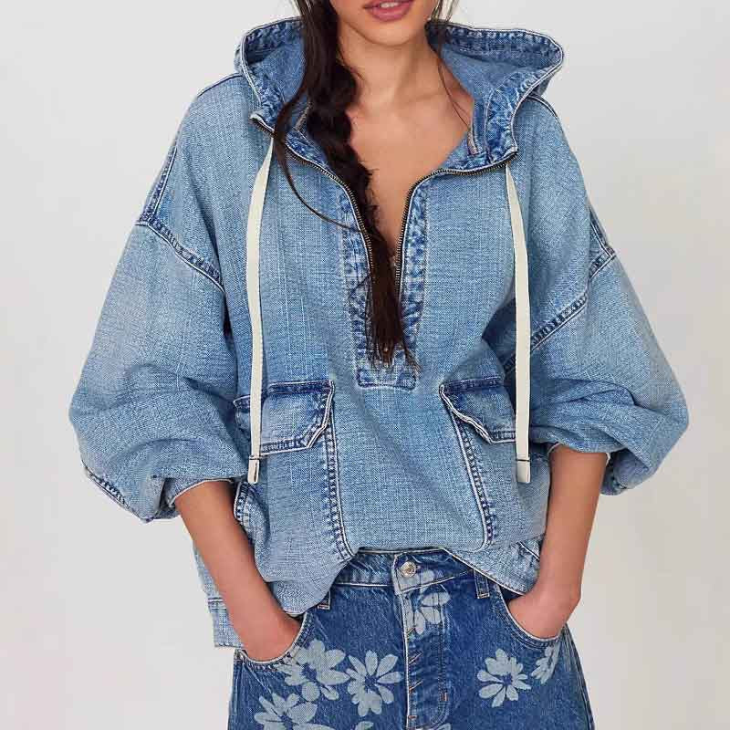 Casual Washed Denim Long Sleeve Hoodie DP25E827