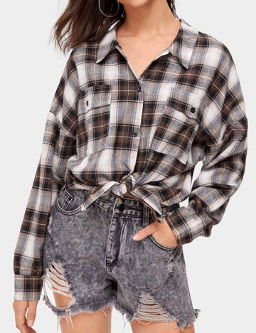 Vintage Plaid Lapel Collar Button Down Shirt DP25F515