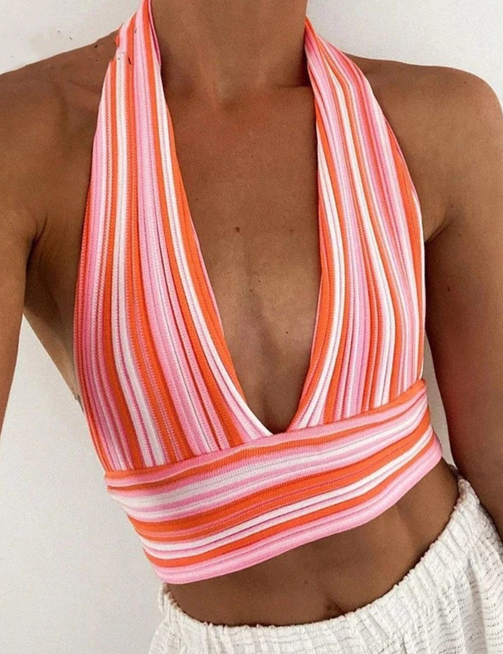 Rainbow Striped Backless V-Neck Halter Top DP25B898