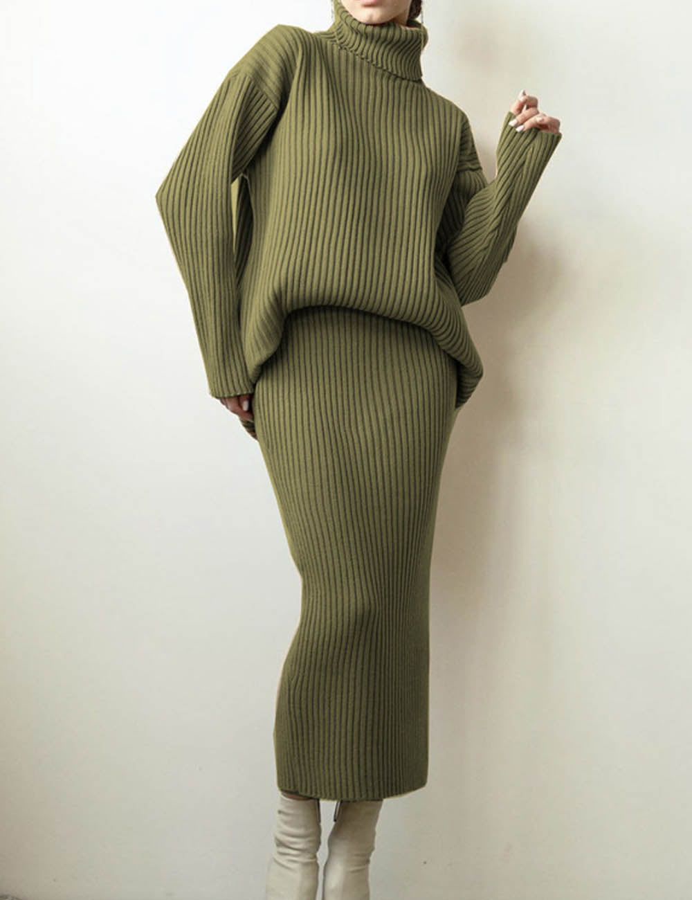 Ribbed Knit Turtleneck Sweater Midi Skirt Set DP25G556