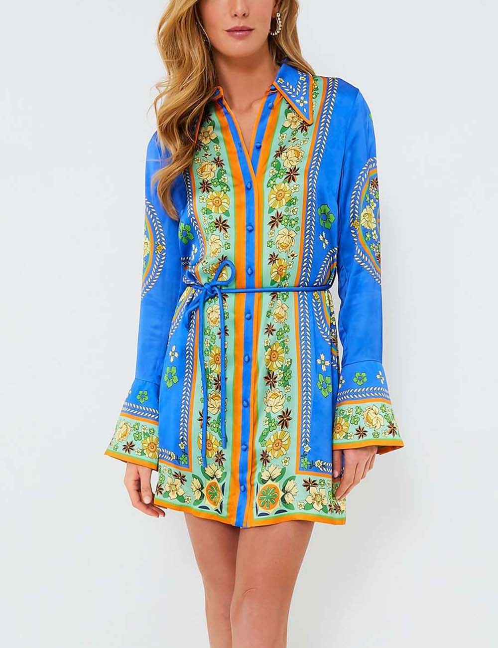 Lapel Floral Buttons Belt MIni Dresses DP25E660