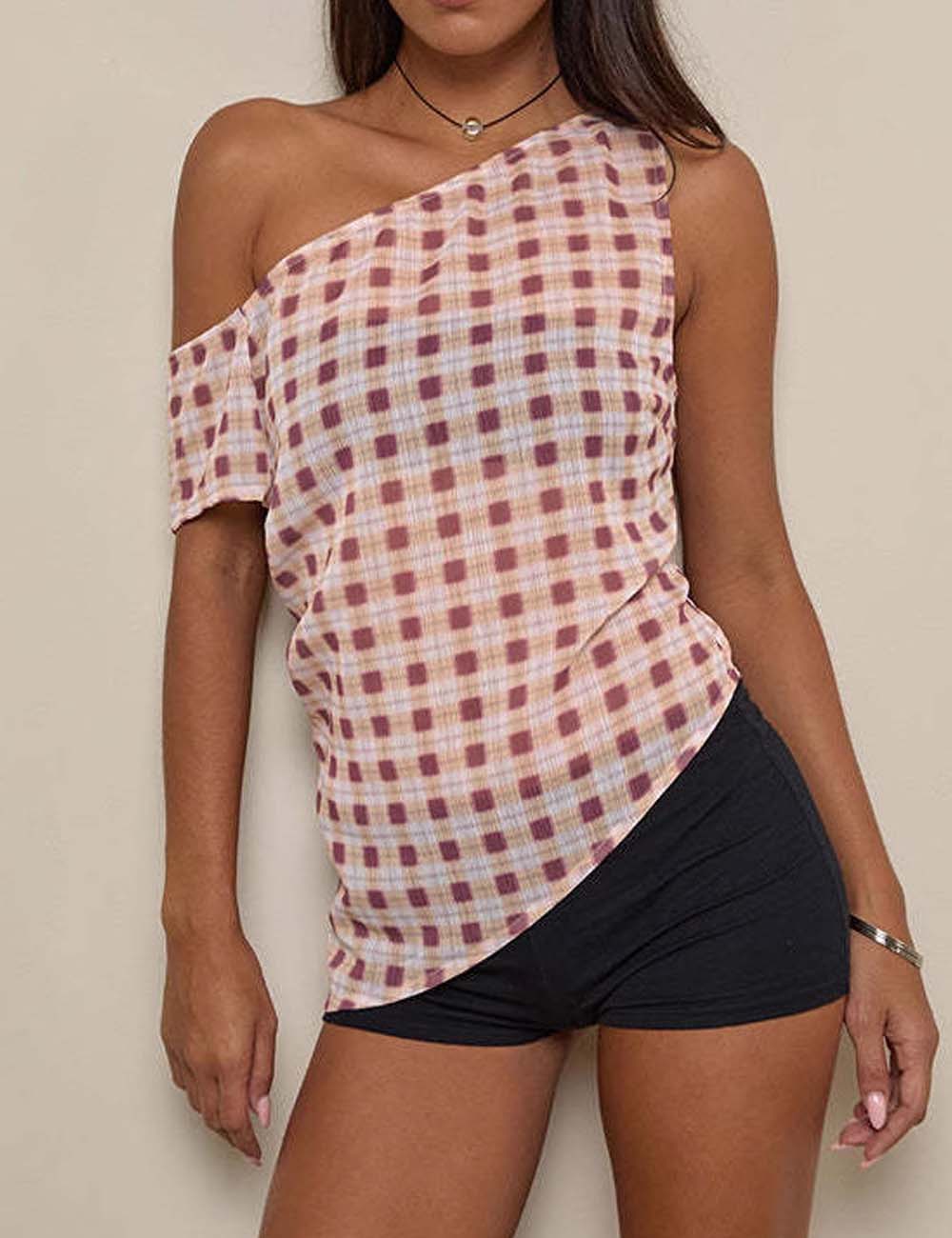 Retro Plaid Asymmetrical Shoulder Checkered Top DP25F503