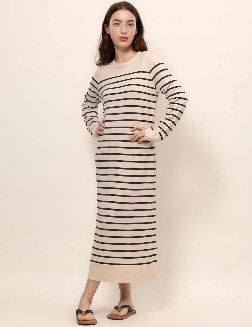 Striped Color Block Long Sleeves Knit Long Dress DPD4850