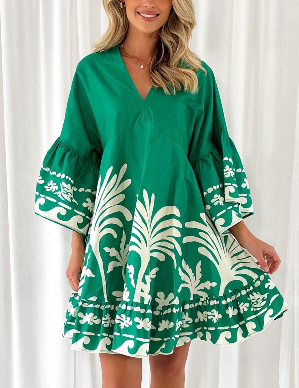 V-Neck Floral Print Flare Sleeves Mini Dress DP25E659