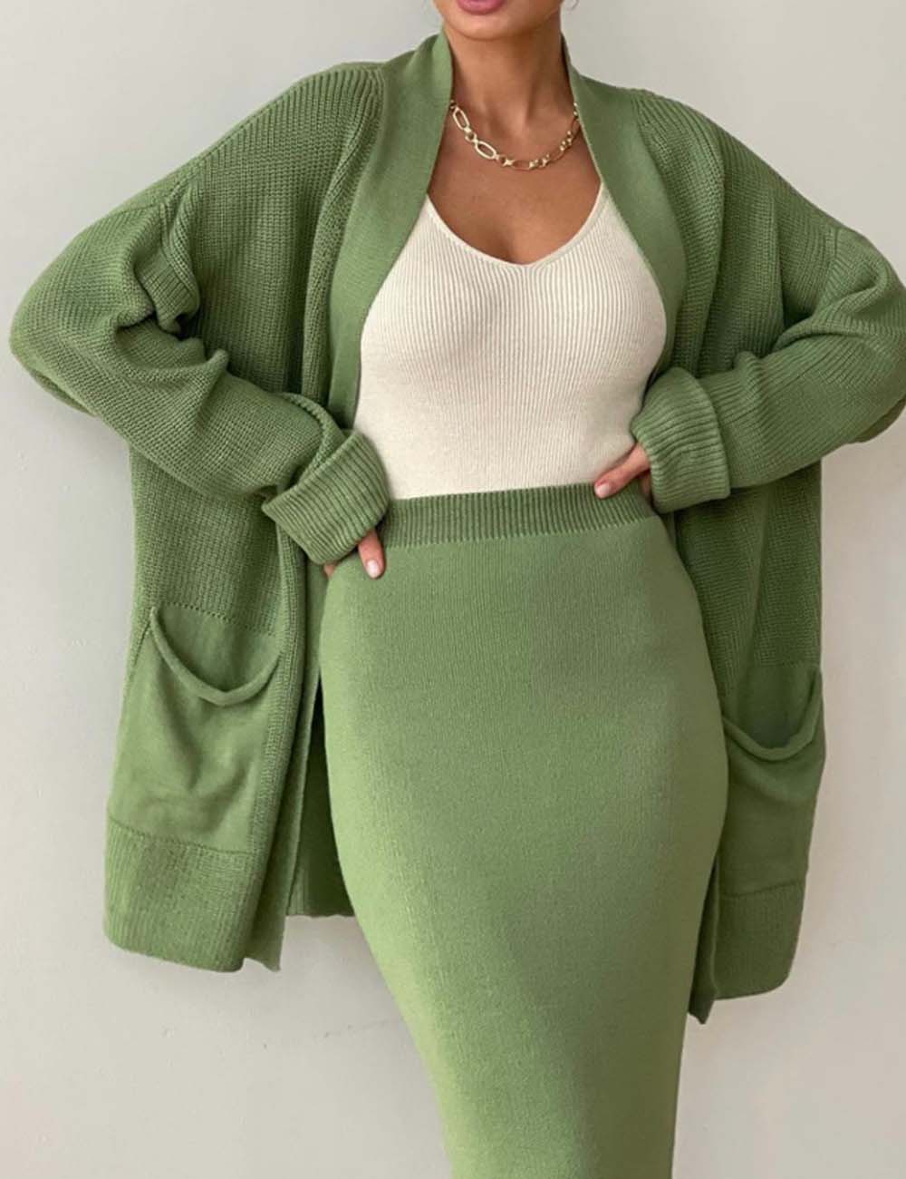 2 Pcs Solid Color Cardigan Sweater Skirt Set DP25G555