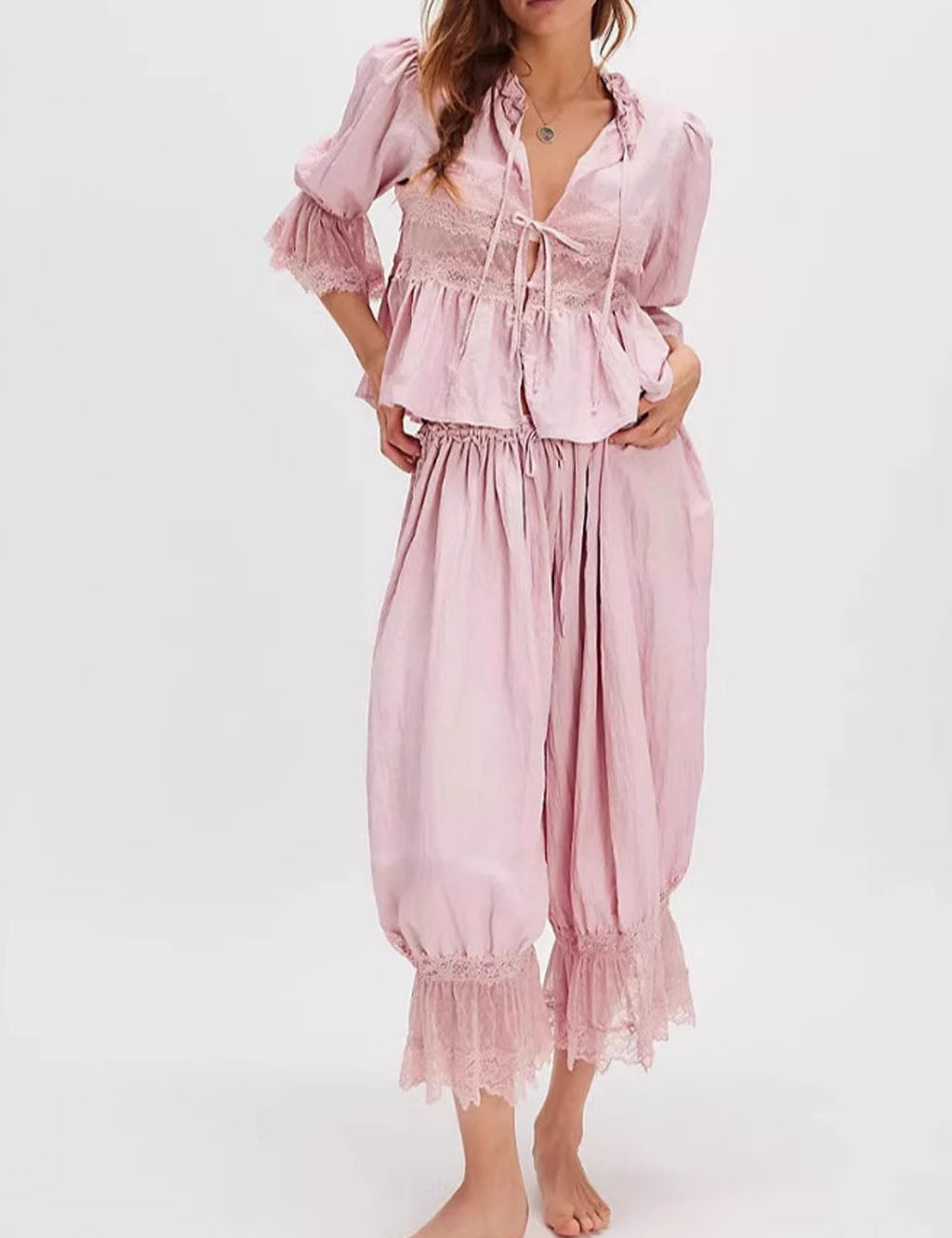 2 Pcs Hollow Lace Tie Front Sleepwear Set DP25F866