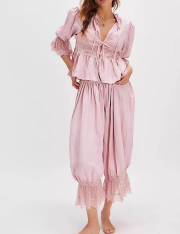 2 Pcs Hollow Lace Tie Front Sleepwear Set DP25F866