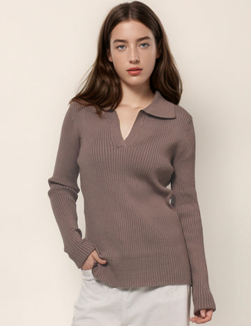 Lapel V-Neck Slim-Fit Striped Simple Sweater DPT4790