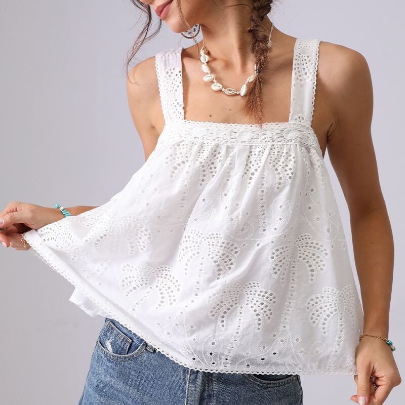Palm Tree Embroidery Hollow Cotton Tank Top DP25C835