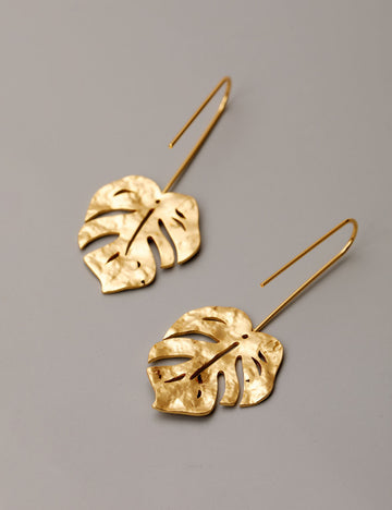 Gold Plated Monstera Leaf Drop Earrings DP25F784