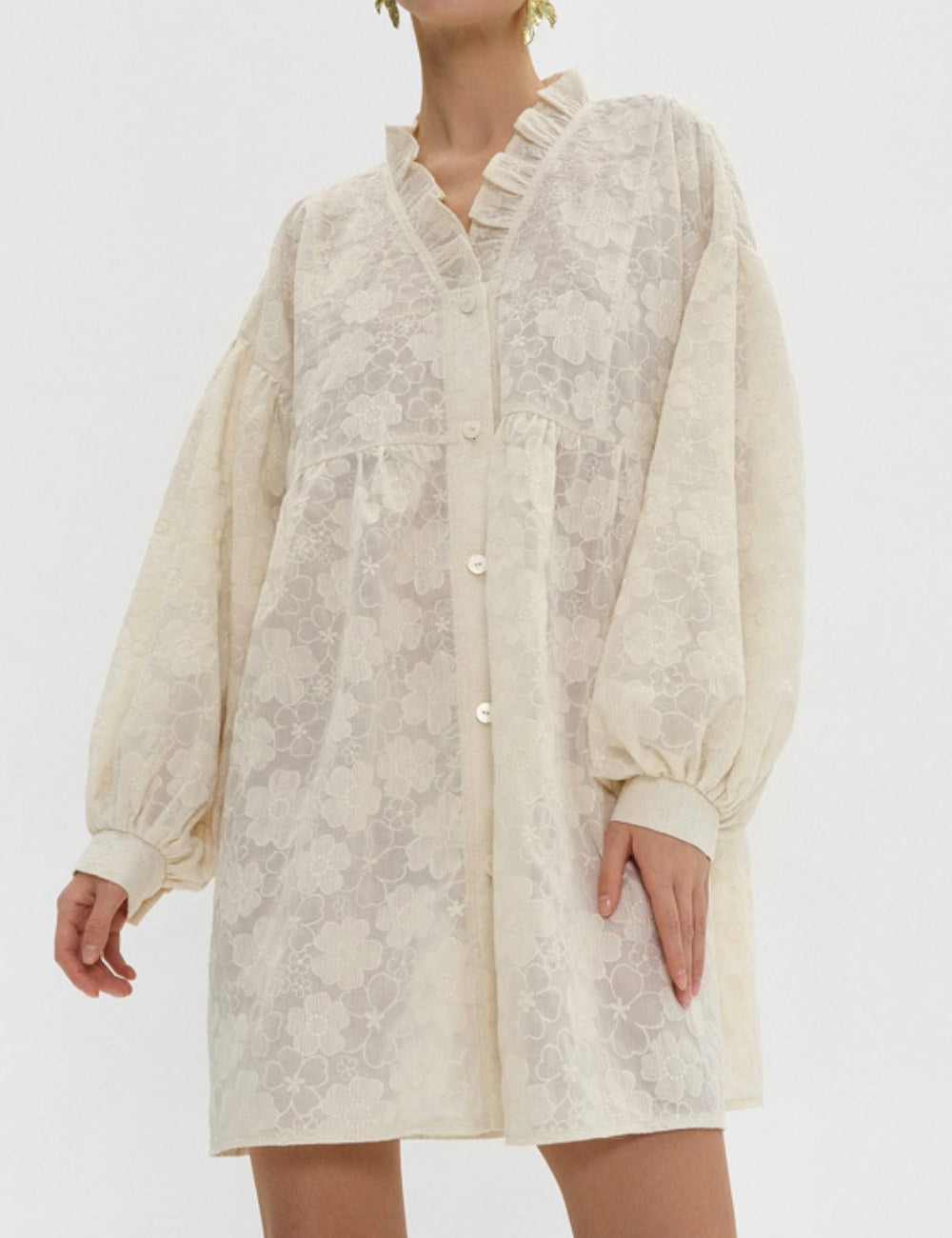 Flower Jacquard Lantern Sleeves Sweet Mini Dress DP25B407