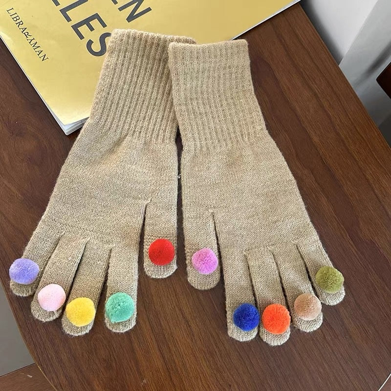 Cute Colorful Plush Ball Decor Warm Knit Gloves 6W6GLO93