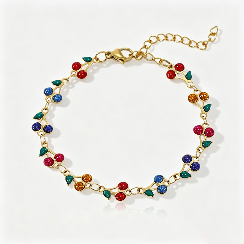 Cute Cherry Rhinestone Gold Plated Chain Bracelet 6W6JBR516