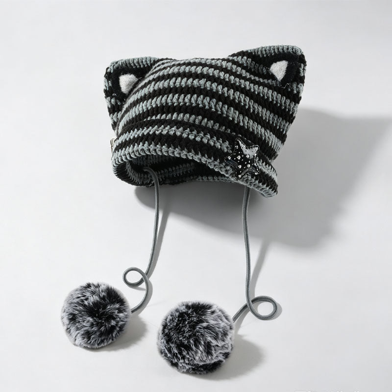 Cute Striped Cat Ear Beanie Hat With Pompoms 6W6HAT524