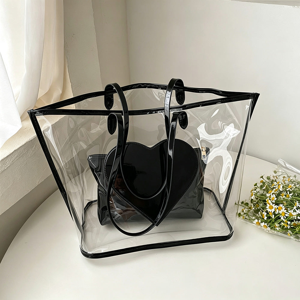 2-Piece Color Contrast Heart Clear Jelly Tote Bag 6W10BBG2130