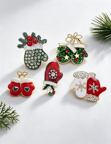 Enamel Rhinestone Christmas Mitten Brooch Pin 6W6JPB58