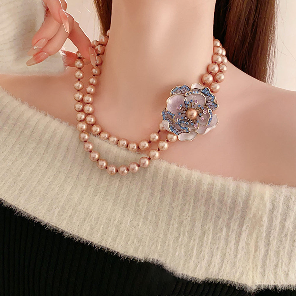 Retro Rhinestone Enamel Floral Pearl Necklace 6W6JNC962