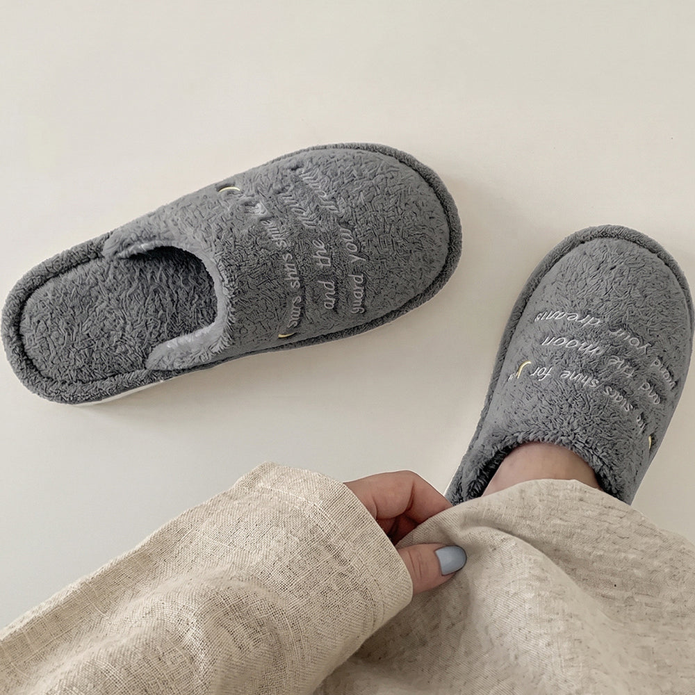 Simple Letter Embroidery Plush Non-Slip Warm Slippers 6W8FSP286