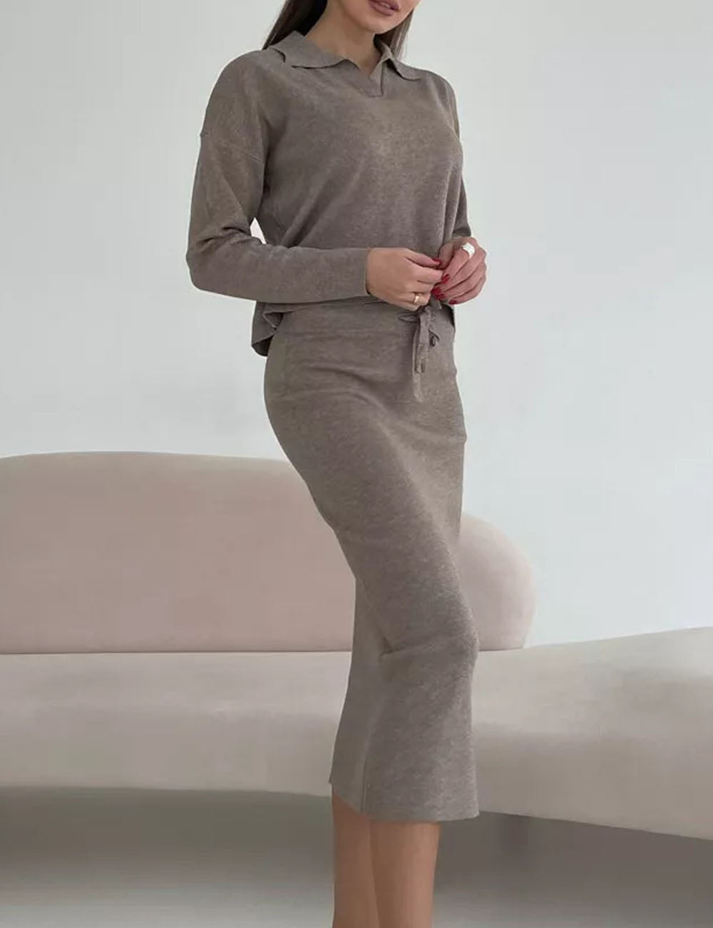 Knit Fall Polo Collar Sweater Bodycon Skirt Set DP25G553