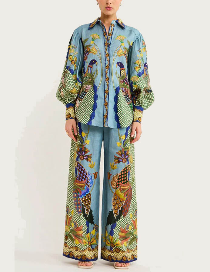 Animal Print Puff Sleeve Tie Vacation Set DP25E623