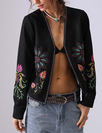 Boho Flower Embroidered Long Sleeve Suede Top DP25D881