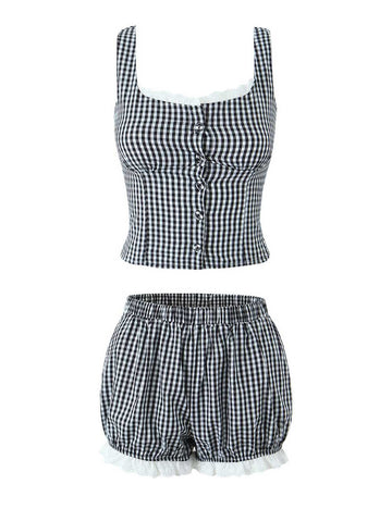 Cute Lace Trim Cami Pleated Bubble Shorts Set DP25D973