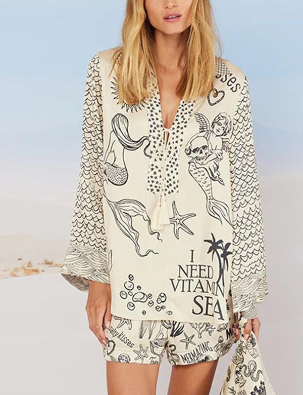 Casual Print Deep V-Neck Top Short Set DP25E629