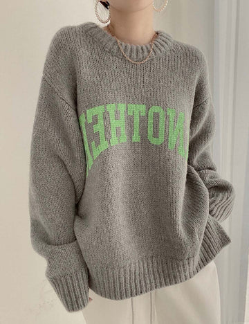 Fall Letter Print Round Neck Oversized Knit Sweater DP25G936