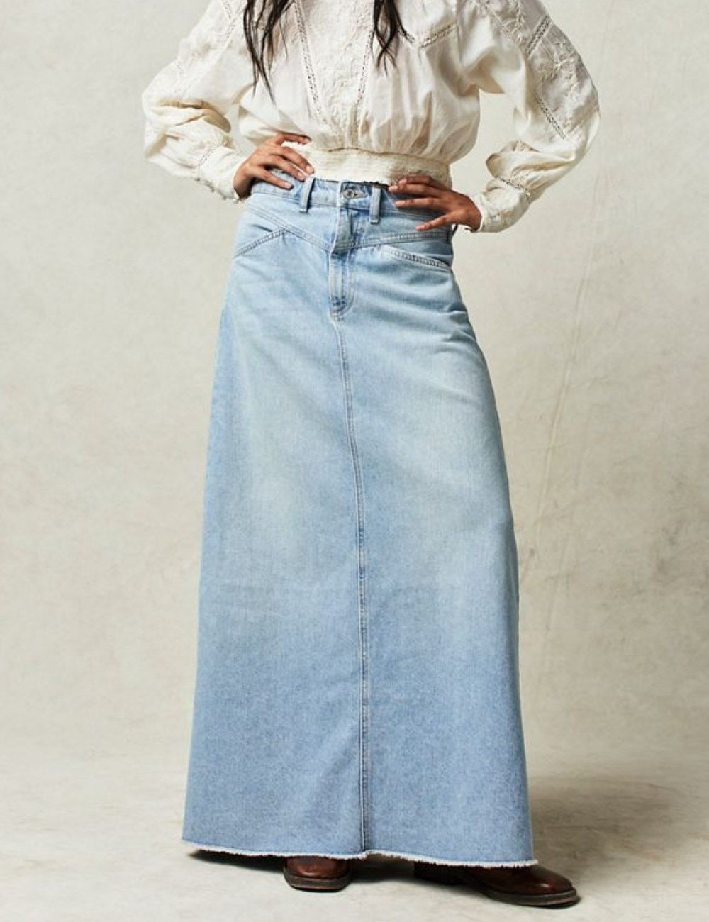 Washed Raw Hem Casual Denim Maxi Skirts DP25C468