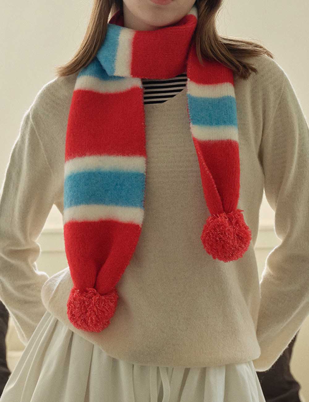 Cute Knit Striped Scarf with Pom Pom DP25G563