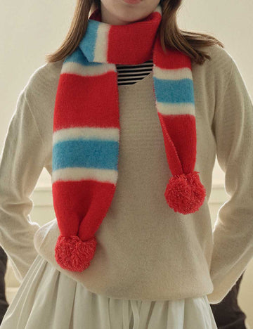 Cute Knit Striped Scarf with Pom Pom DP25G563