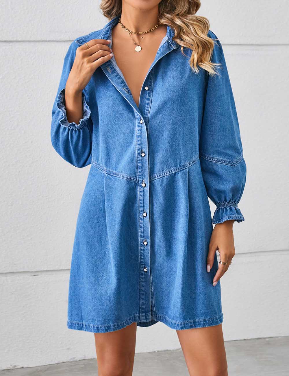 Denim Splice Washed Long Sleeve Midi Dress DP25E841