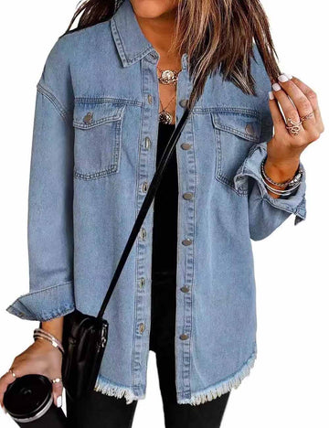 Trendy Washed Long Sleeve Frayed Hem Jacket DP25E562