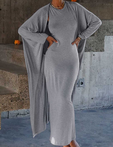 2 Pcs Casual Long Cardigan Tank Dress Set DP25G548