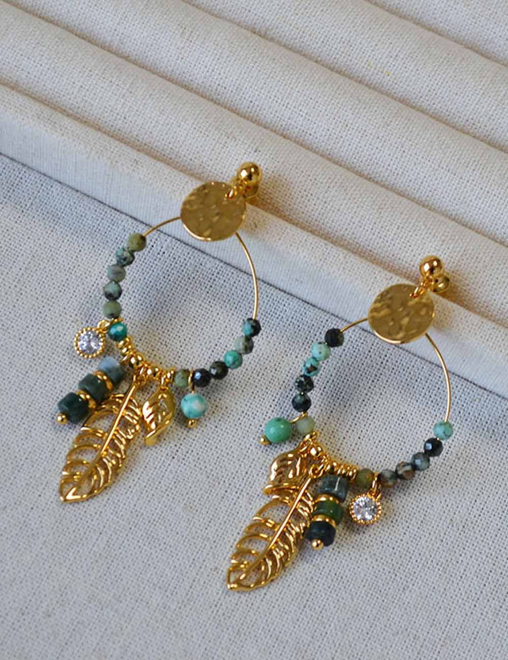 Turquoise Hoop Tassel Leaf Drop Stud Earrings DP25E588