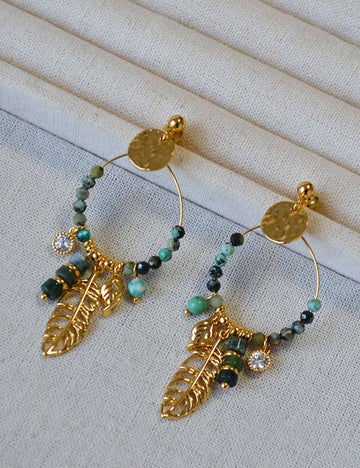 Turquoise Hoop Tassel Leaf Drop Stud Earrings DP25E588