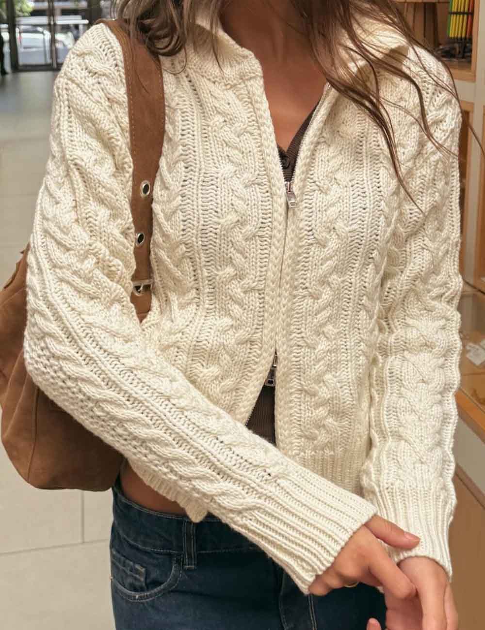 Solid Color Slouchy Zipper Cable Knit Cardigan DP25G966