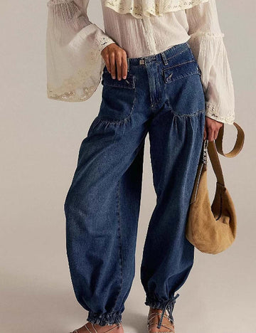 Simple Ruched Drawstring Cuffed Denim Pants DP25E481