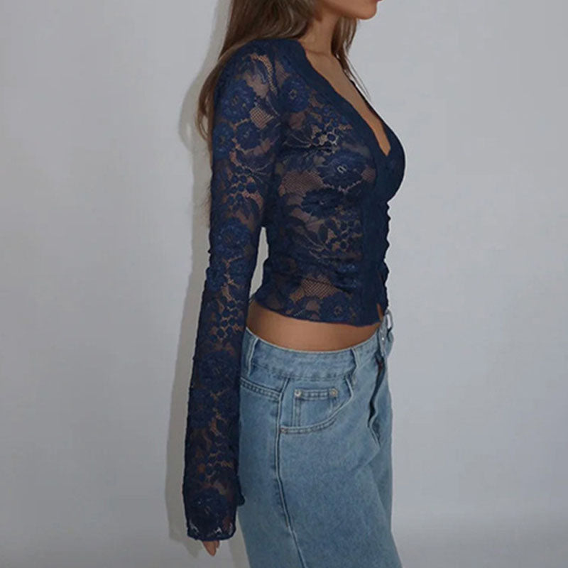 Sexy Lace Long Sleeve Blouse - DippedShop Wholesale - #2995