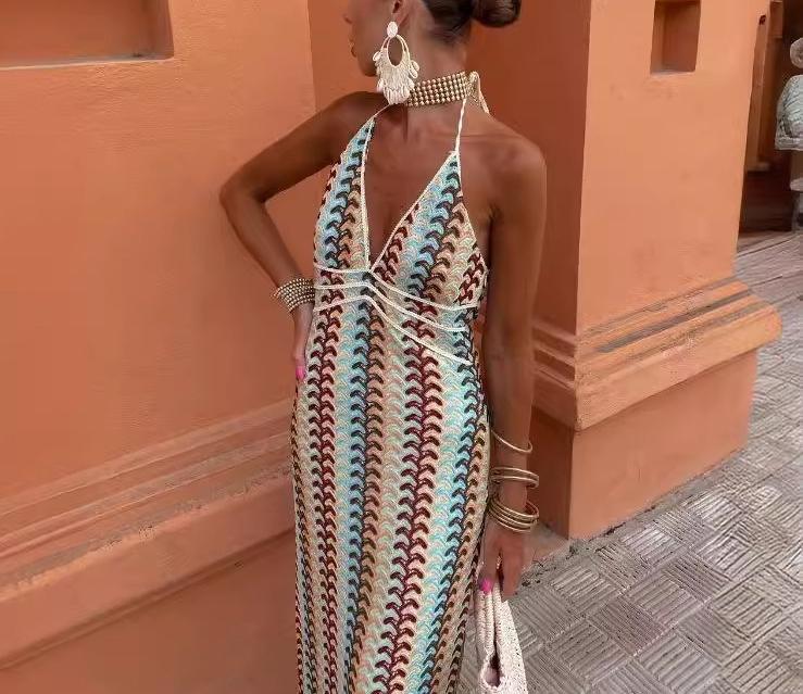 Backless Striped Halter Maxi Knit Dress DP25B721