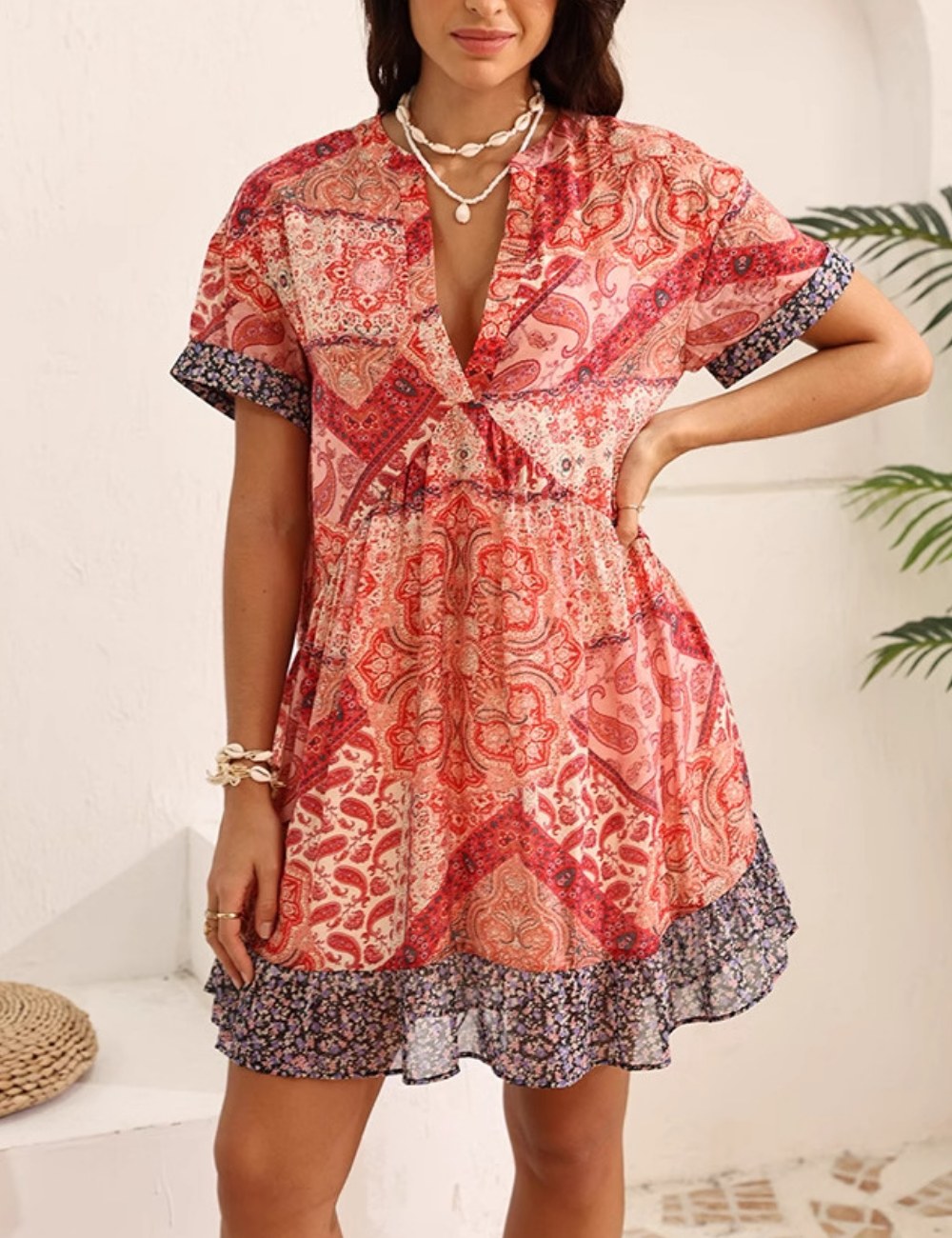 Bohemian V-Neck Print Chiffon Mini Dress DP25C880