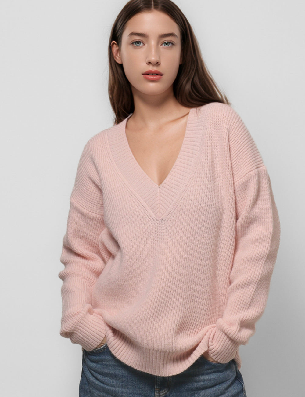 V-Neck Loose Solid Color Pullover Sweater DPT4761