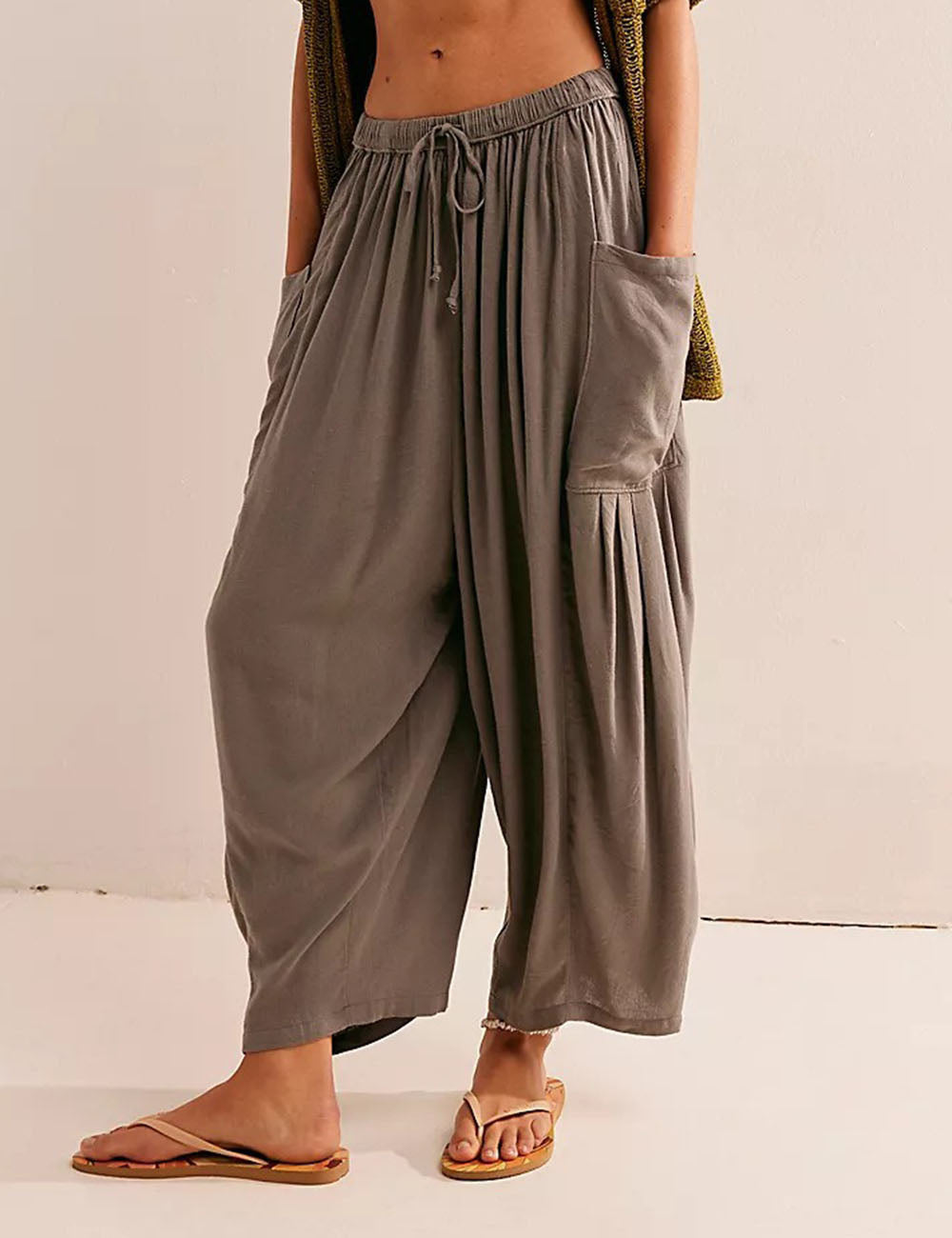 Solid Color String Elastic Waist Loose Pants DP25D662