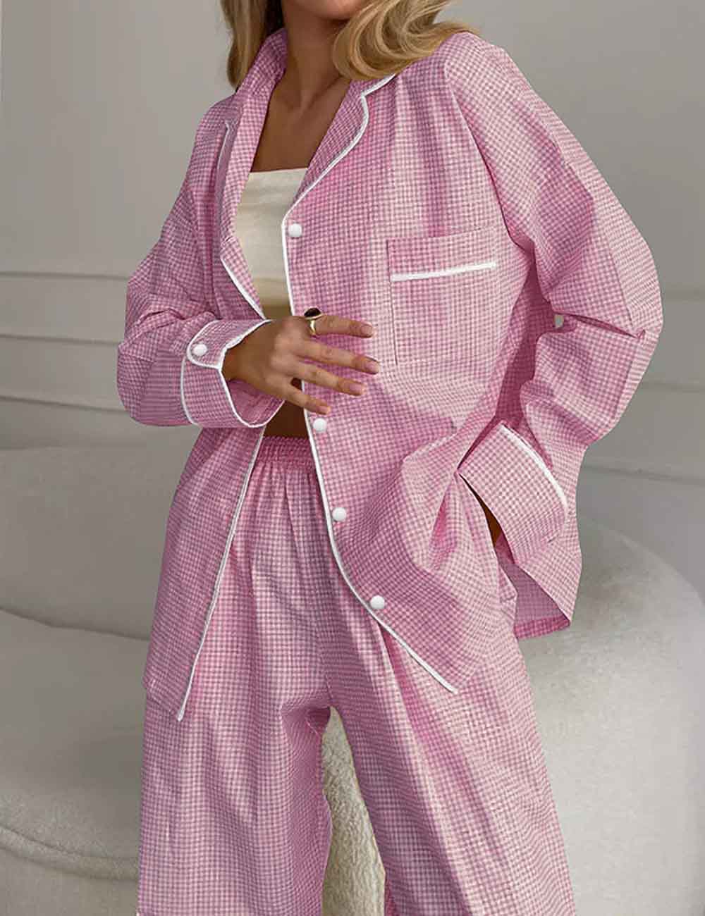 Color Block Plaid Loungewear Pajamas Set DP25F873