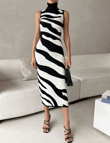 Sexy Striped High Neck Sleeveless Maxi Dress DP25G541