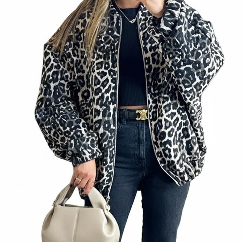 Vintage Leopard Print Zip-Up Winter Jacket DP25G995