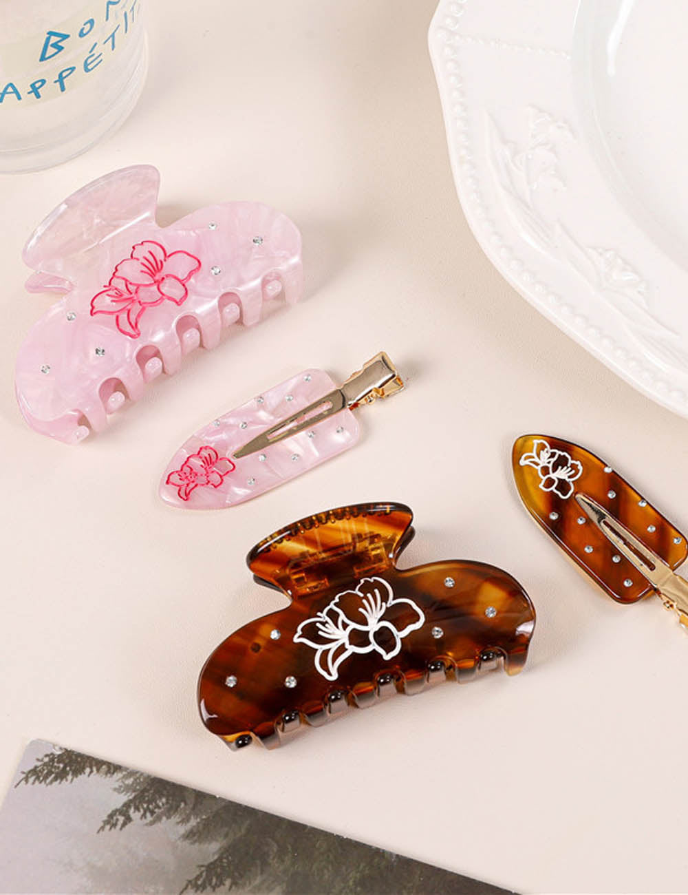 Flower Print Rhinestone Hair Claw Clips DP25E902