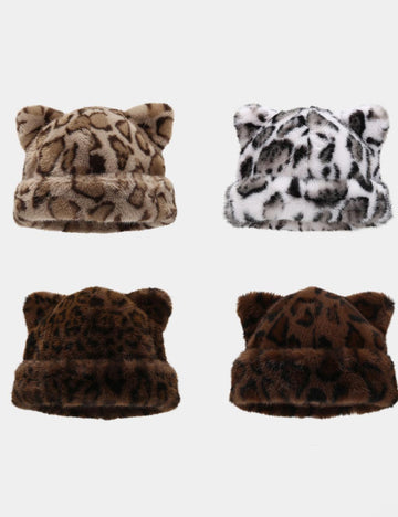 Retro Fluffy Leopard Cat Ears Warm Beanie Cap DP25G744